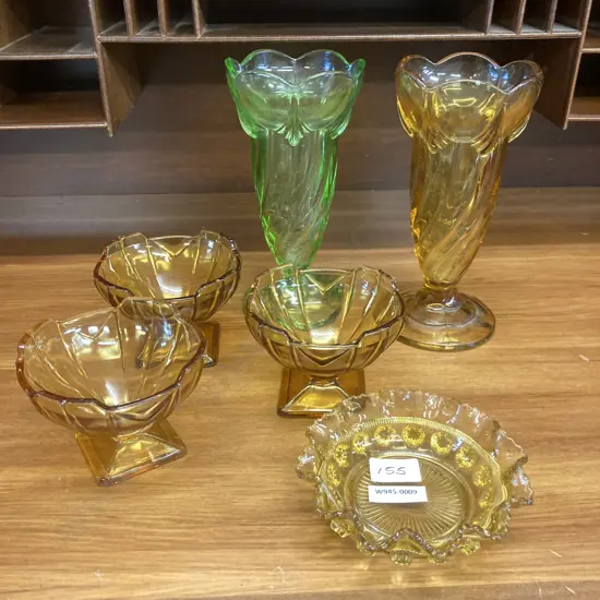 Vintage Green & Amber Pressed Glass "Tulip Vase", Sundae Dishes & Small Dish